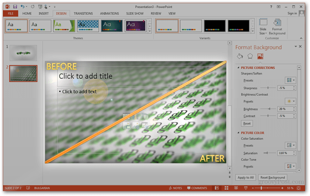 Office 2013 veidne Izveidot Pielāgojiet dizainu POTX Slaidu slaidu pielāgošana Apmācība Kā pirms salīdzināt salīdzināšanu Attēlu rūts Tweaks Rediģē attēlus Fotoattēli Fons