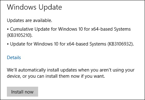 Windows 10 atjauninājumi KB3105210 KB3106932