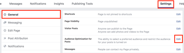 Facebook lapas iestatījumos noklikšķiniet uz pogas Rediģēt, kas atrodas pa labi no opcijas Mērķauditorijas optimizācija ziņām.