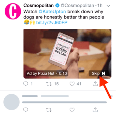 Twitter videoreklāmas piemērs ar iespēju izlaist reklāmu pēc 6 sekundēm.