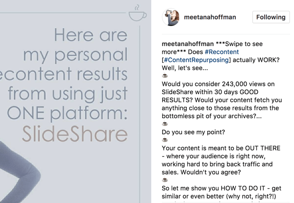 Jūsu Instagram albuma parakstā iekļaujiet paziņojumu, kas velkams, lai redzētu vairāk, lai jūsu auditorija nepalaistu garām.