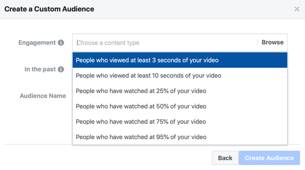 Iespēja izveidot Facebook pielāgotu auditoriju cilvēkiem, kuri skatījās daļu no jūsu videoklipa.