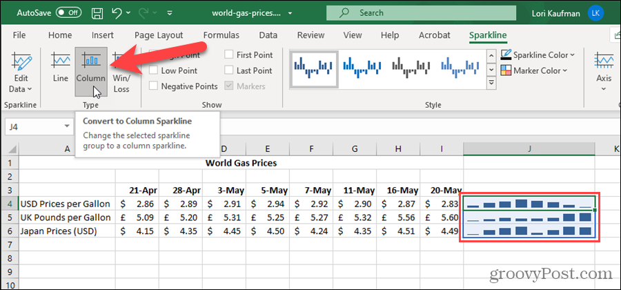 Programmā Excel mainiet dzirksteles veidu