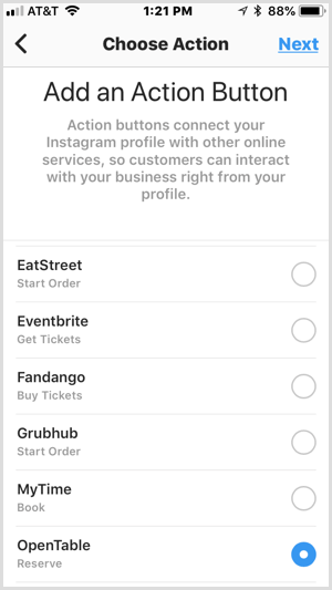 Instagram Pievienojiet darbības pogas ekrānu trešo pušu pakalpojumiem