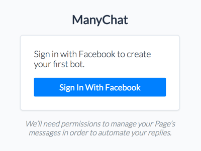 Pierakstieties ManyChat, izmantojot savu Facebook kontu.