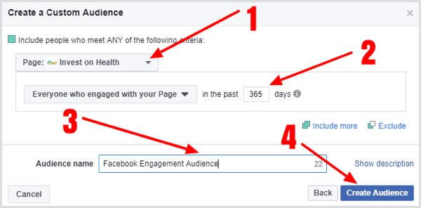 Aizpildiet detalizētu informāciju, lai izveidotu savu Facebook lapas iesaistes pielāgoto auditoriju.