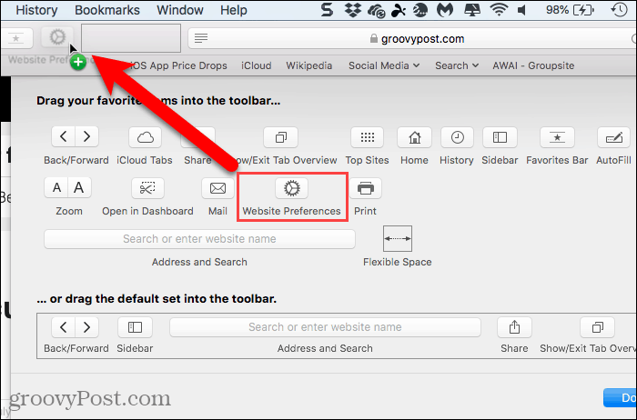 Pievienojiet vietņu iestatījumu pogu rīkjoslai Safari for Mac