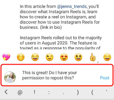 instagram post piemērs komentāru atbilde izsaka komplimentus un lūdz atļauju satura atkārtotai publicēšanai