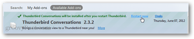 pēc papildinājuma instalēšanas restartējiet thunderbird