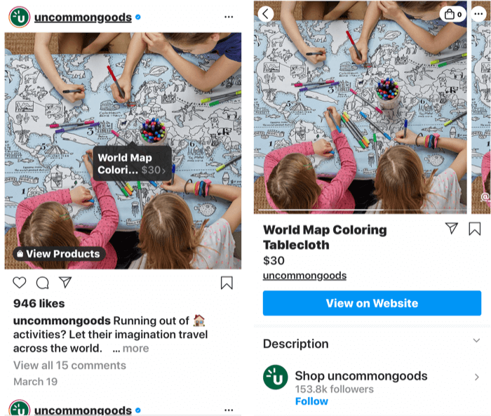 ekrānuzņēmumi, kuros redzama instagram tags, kas pievienots nopērkamajam produkta ierakstam, kā arī produkta veikala lapai, kad ir atlasīta pasta atzīme