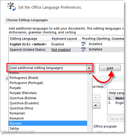 pievienojiet papildu Office 2010 valodas