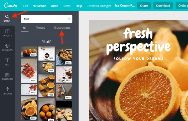Izmantojiet meklēšanas joslu, lai atrastu fotoattēlus un ilustrācijas tieši Canva informācijas panelī.