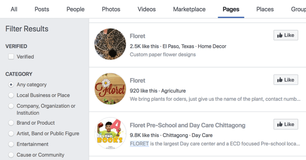 Facebook lapu meklēšanas rezultāti Floret.