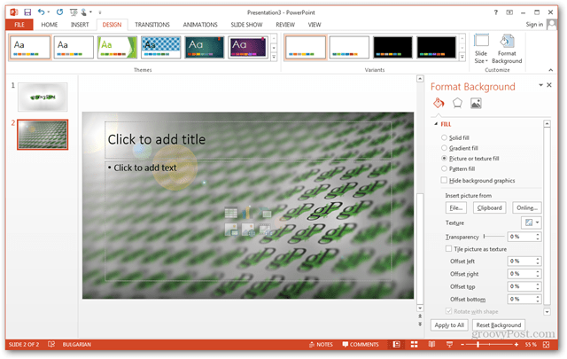 Office 2013 veidne Izveidot Padarīt pielāgotu dizainu POTX pielāgojiet slaidus slaidiem Apmācība, kā pielāgot fonu