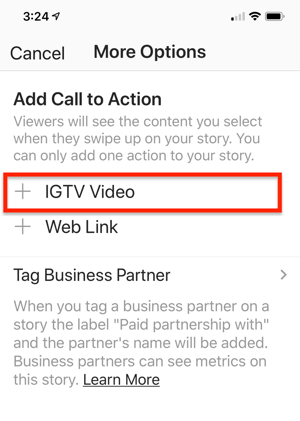 Iespēja izvēlēties IGTV video saiti, ko pievienot savam Instagram stāstam.