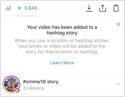 Instagram nosūta jums paziņojumu, ja jūsu saturs tiek pievienots hashtag story.