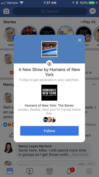 Facebook brīdina mobilos lietotājus, kad ir pieejamas jaunas skatīšanās epizodes.