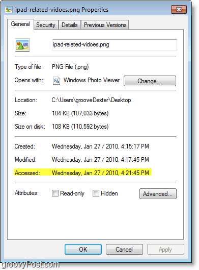 Windows 7 ekrānuzņēmums - piekļuves datums nav atjaunināts pārāk labi