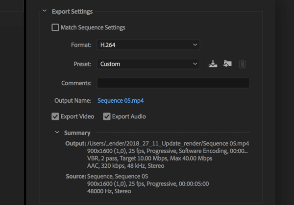 Iestatījums eksportēt jūsu Adobe Premier Pro video ar formātu, kas iestatīts uz H.264.