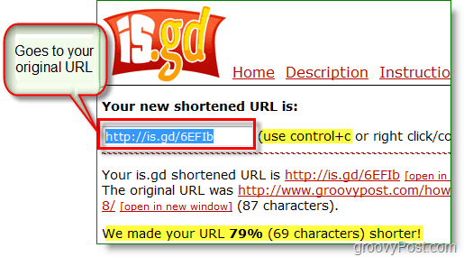 is.gd url shortener ekrānuzņēmums - kopējiet jauno īso URL