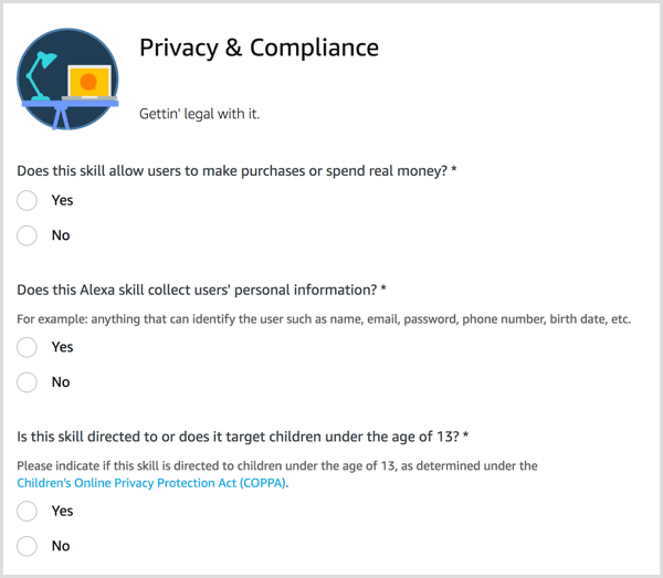 Atbildiet uz jautājumiem par privātumu un atbilstību Alexa prasmēm.