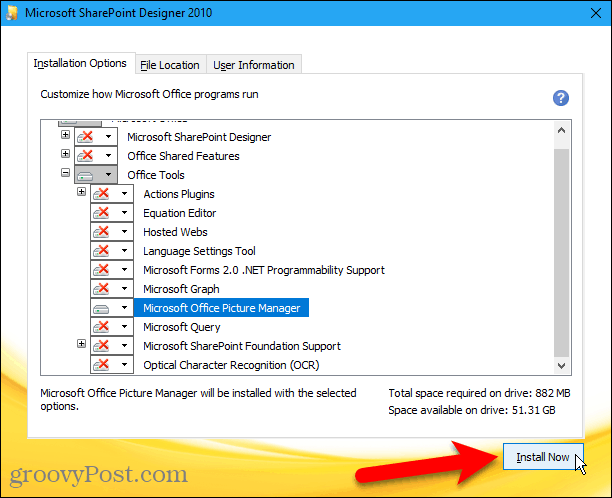Noklikšķiniet uz Instalēt tūlīt, lai instalētu Microsoft Office Picture Manager no Sharepoint Designer 2010