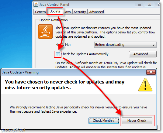 Ekrānuzņēmums: Windows 7 atspējojiet Java atjaunināšanas pārbaudes