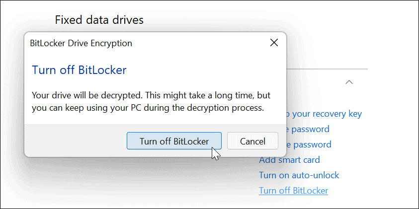 Izslēdziet BitLocker apstiprinājumu