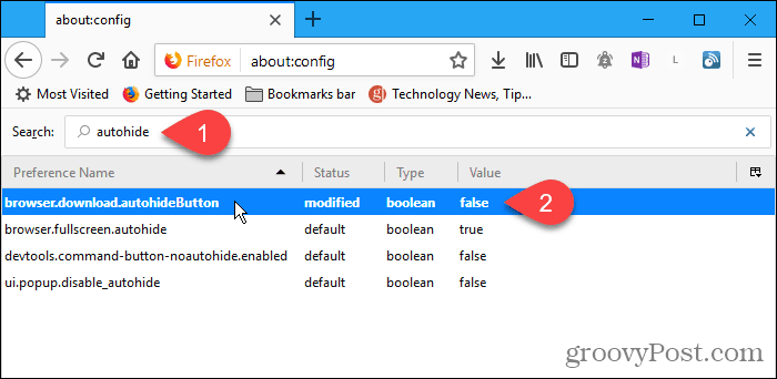 Veiciet dubultklikšķi uz autohideButton konfigurācijas iestatījuma pārlūkprogrammā Firefox