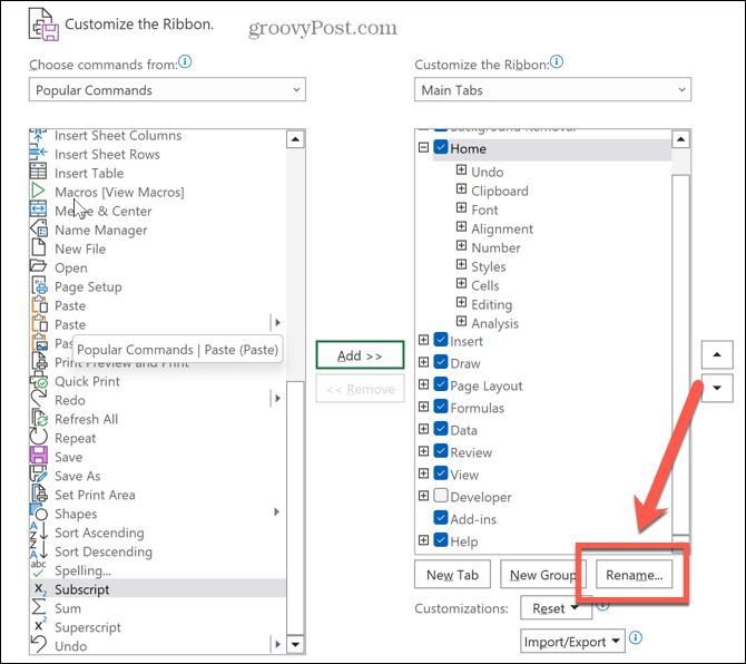 Excel pārdēvēšanas poga