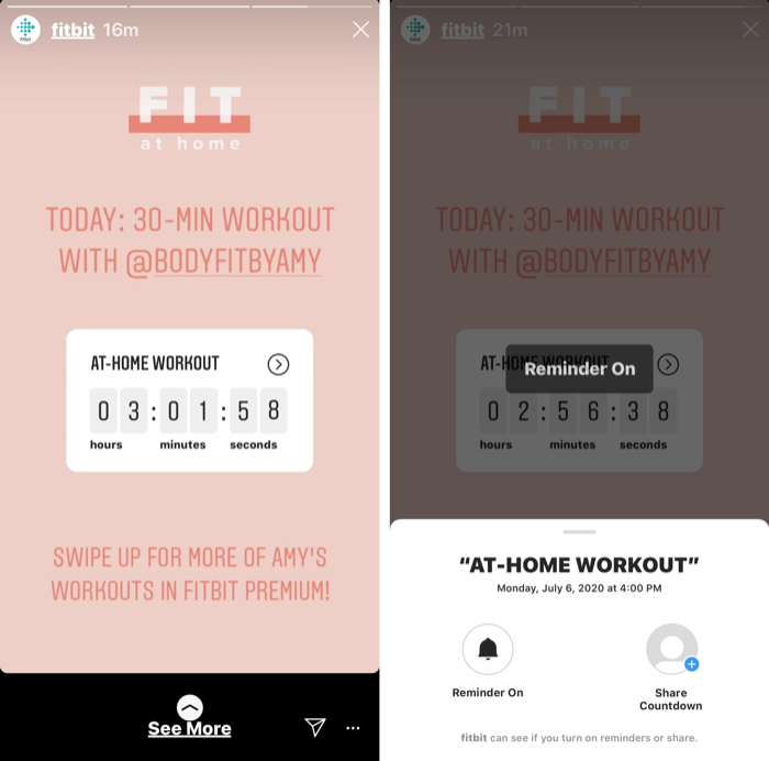Instagram stāsta ziņa ar Countdown uzlīmi