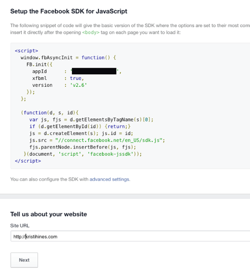 pievienojiet vietnei facebook lietotnes kodu
