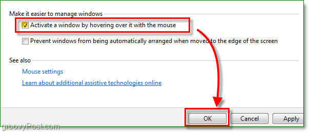 noklikšķiniet uz izvēles rūtiņas blakus, lai aktivizētu logu, novietojot peles kursoru virs tā ar peli, kas jauns Windows 7