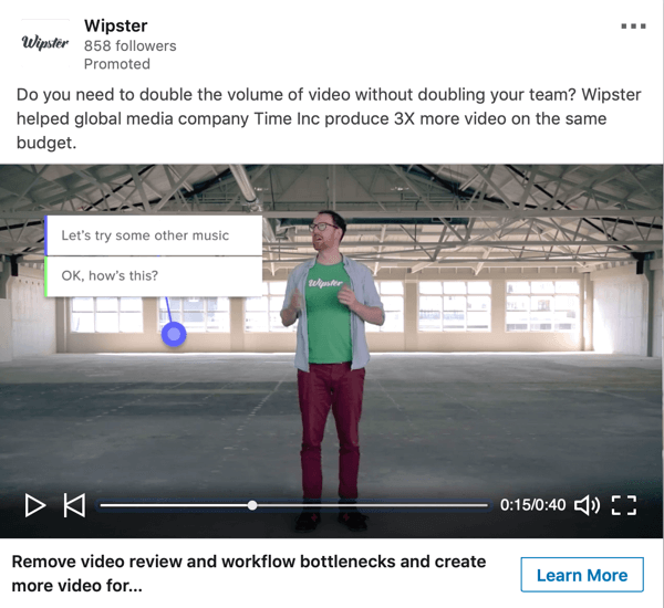 Kā izveidot LinkedIn uz mērķiem balstītas reklāmas, sponsorētu Wipster videoreklāmu paraugu