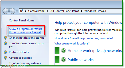 atļaut programmai vai funkcijai caur Windows 7 ugunsmūri