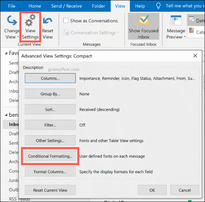 Poga Nosacījuma formatēšanas opcijas programmā Microsoft Outlook