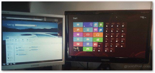 Windows 8 divu monitoru iestatīšanas metro darbvirsmas kombinācijas iestatīšana vairākuzdevumu attēls
