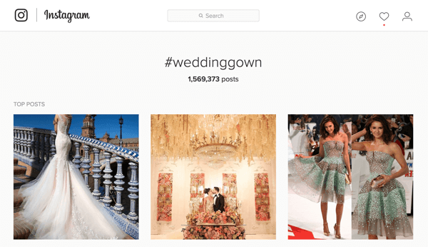 Ja reklamējat kāzu kleitas, vietnē Instagram varat meklēt mirkļbirku #weddinggown.