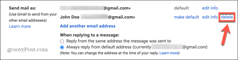 gmail dzēst aizstājvārdu