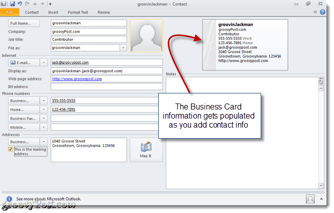 Izveidojiet vCard programmā Outlook 2010