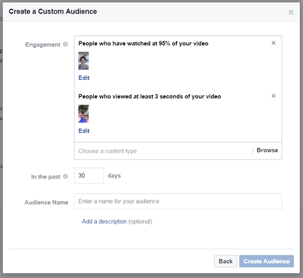Izveidojiet pielāgotu auditoriju no cilvēkiem, kuri jūsu Facebook biznesa lapā skatījās dažādus videoklipus.