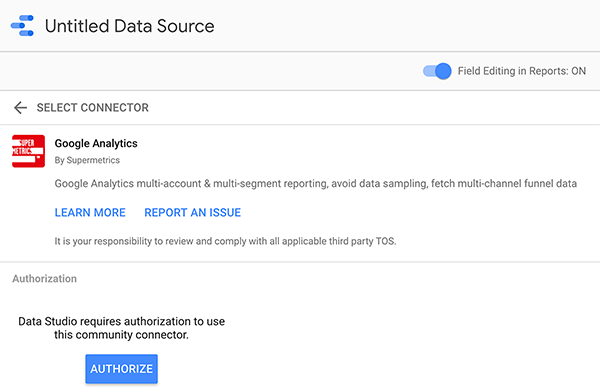 Datu avota savienošana ar Google Data Studio, 2. padoms