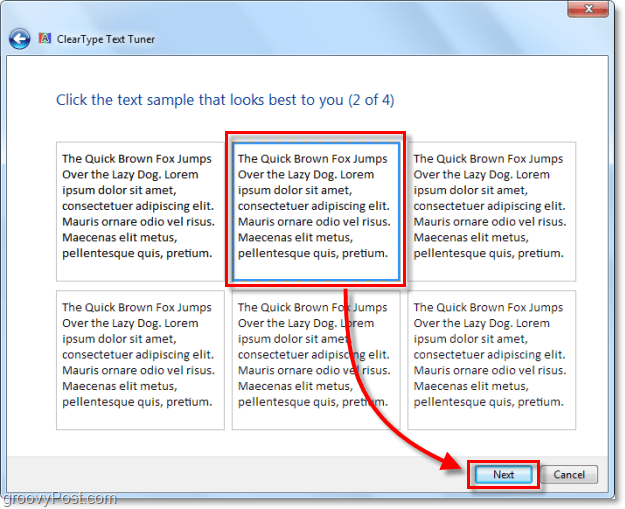 ClearType kalibrēšanas 2. darbība Windows 7