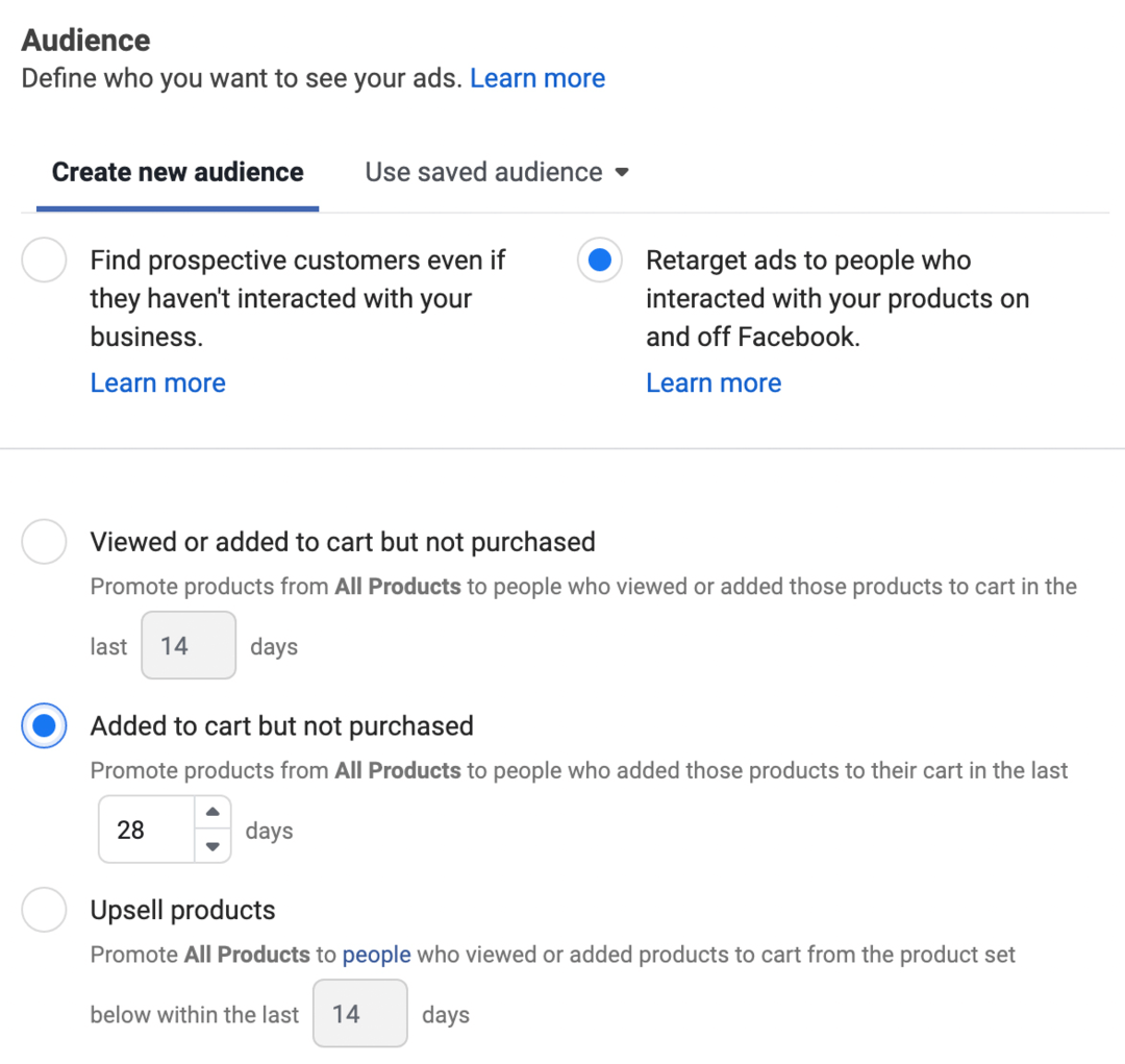 attēls Reklāmu atkārtotai mērķauditorijas atlasei cilvēkiem, kuri mijiedarbojās ar jūsu produktiem pakalpojumā Facebook un ārpus tā, kas atlasīta reklāmu pārvaldniekā