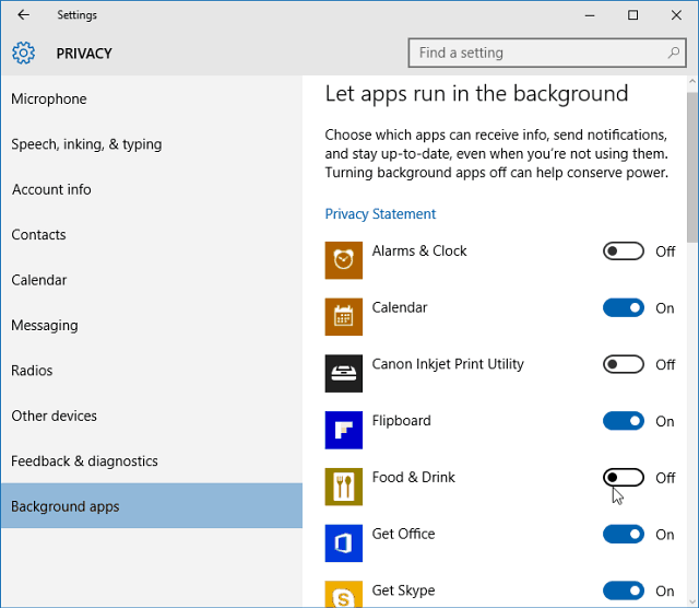 Izslēdziet fona lietotnes Windows 10