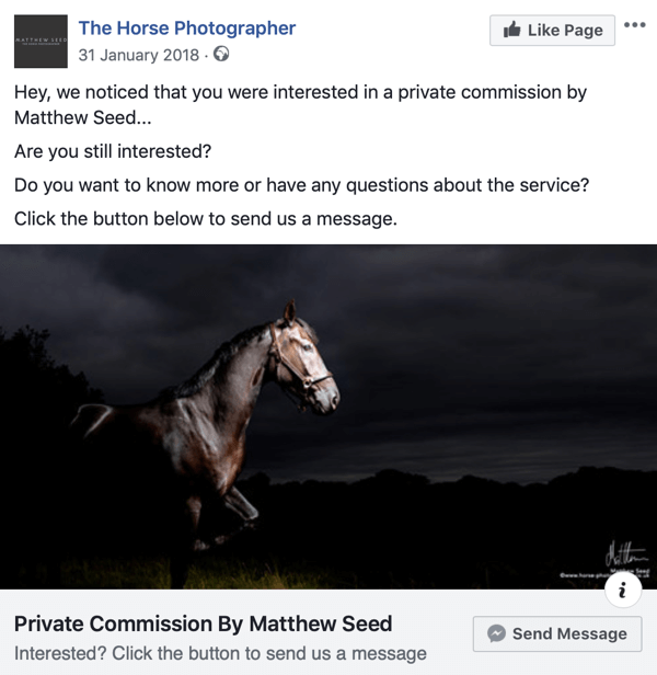 Kā konvertēt vietnes apmeklētājus ar Facebook Messenger reklāmām, 3. darbība. Izvietojiet The Horse Photographer piemēru