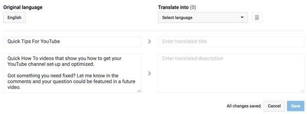 Ievadiet YouTube atskaņošanas saraksta tulkoto nosaukumu un aprakstu.