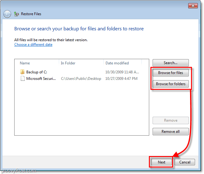 Windows 7 dublējums - atlasiet failus vai mapes, kuras vēlaties atjaunot