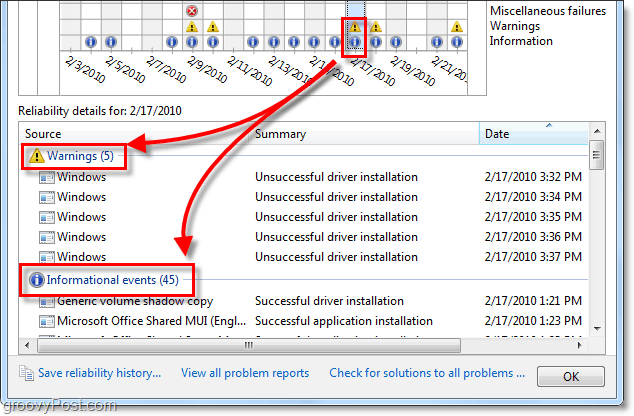 apskatiet Windows 7 uzticamības problēmas un informācijas ziņojumus
