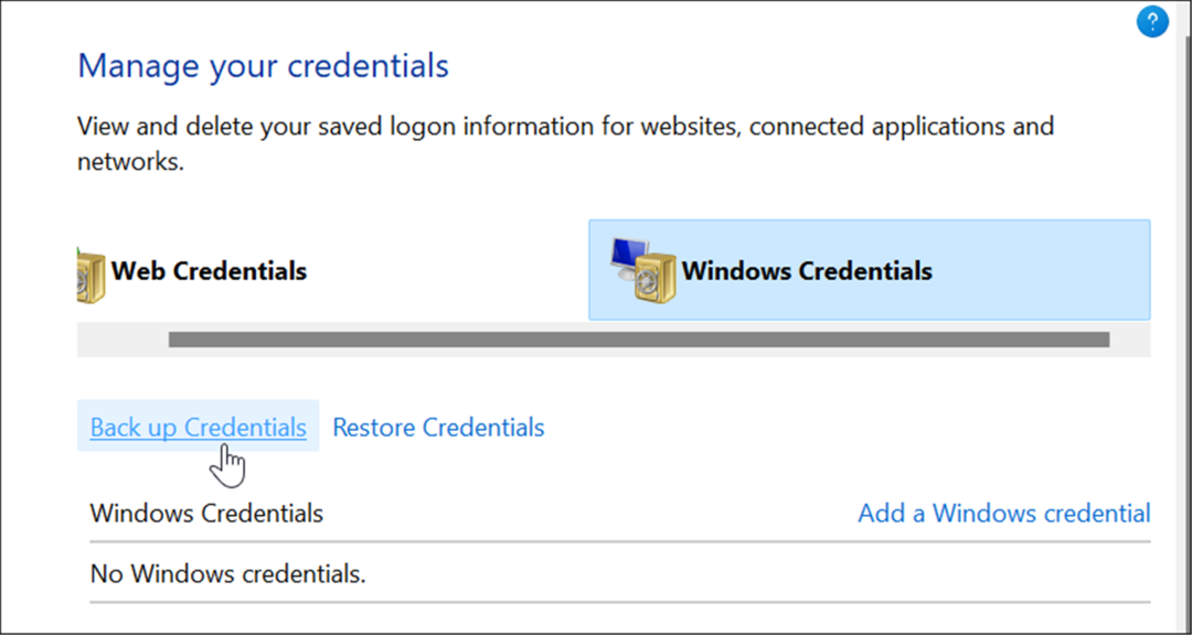 dublējuma izmantošana akreditācijas datu pārvaldniekā operētājsistēmā Windows 11